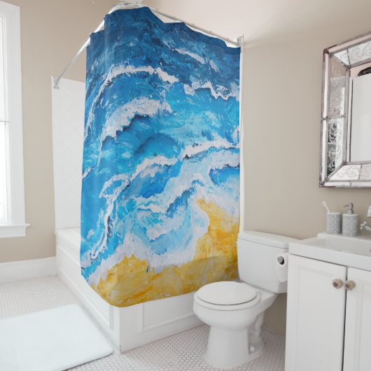 Acrylvezel en zgn. strandschilderwerk op trekstand douchegordijn (In situ)