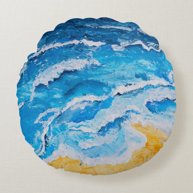 Acrylvezel en zgn. strandschilderwerk op trekstand rond kussen (Voorkant)