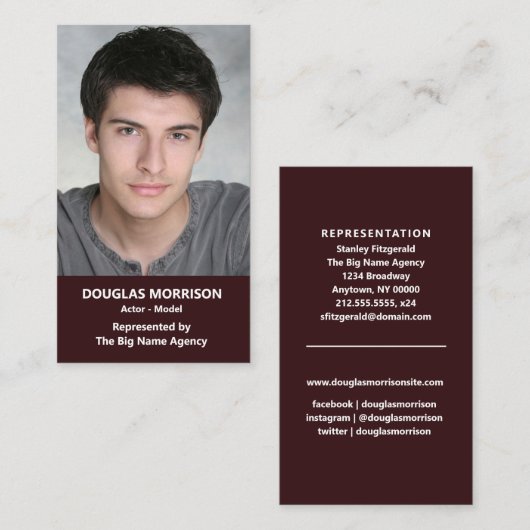 Acteur Actrice Model Verticale foto Maroon Visitekaartje (Voorkant / Achterkant)