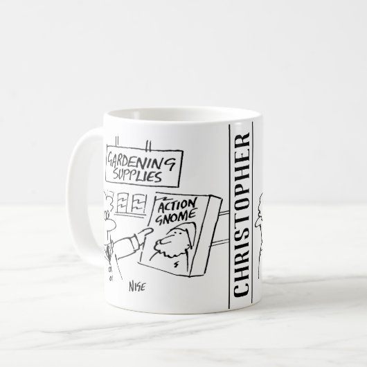 Actie Gnome in het tuincentrum. hovenier Koffiemok (Voorkant links)