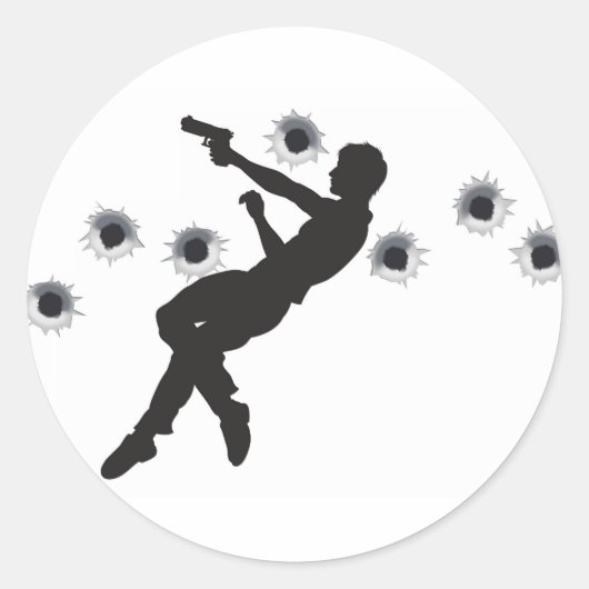 Actieheld in pistool vechtsilhouet ronde sticker (Voorkant)