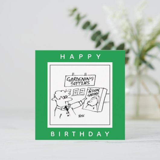 Action Gnome in de Garden Center Cartoon Kaart (Staand voorkant)