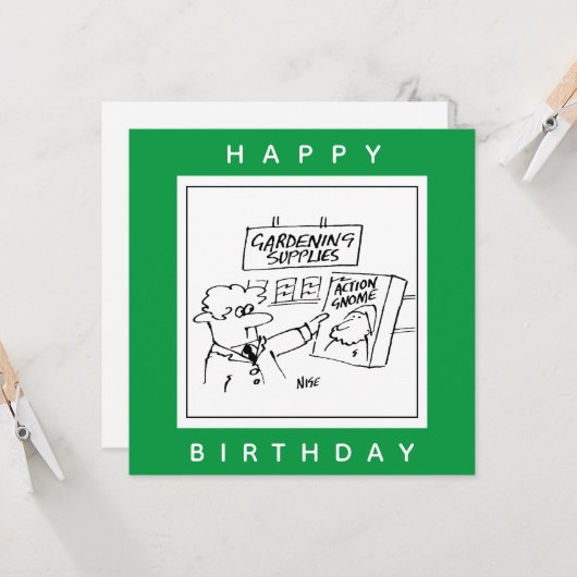 Action Gnome in de Garden Center Cartoon Kaart (Voorkant / Achterkant in situ)