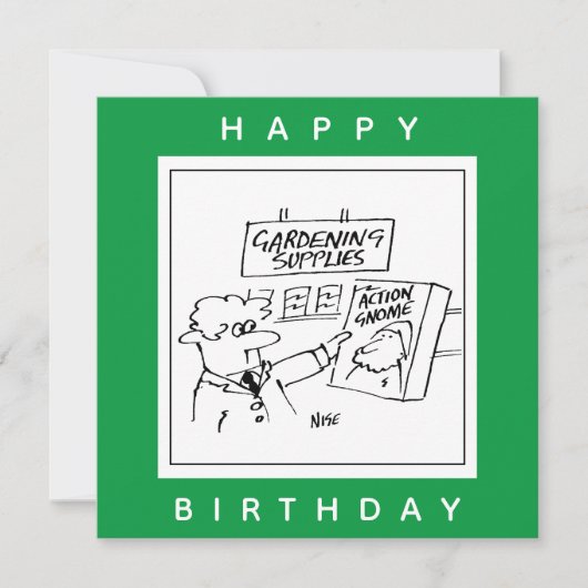 Action Gnome in de Garden Center Cartoon Kaart (Voorkant)
