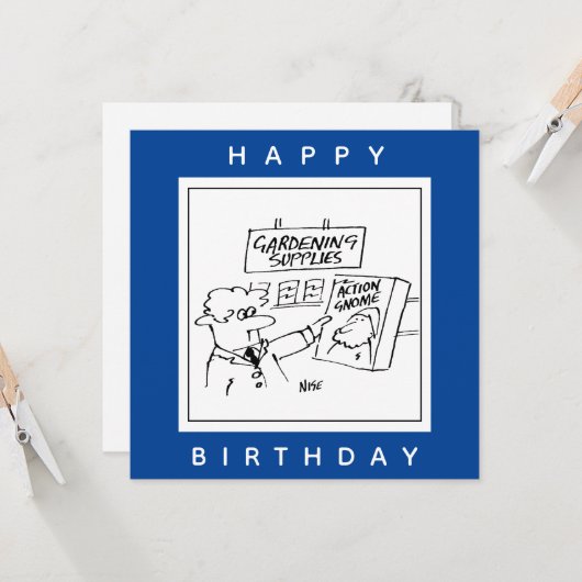 Action Gnome in de Garden Center Cartoon Kaart (Voorkant / Achterkant in situ)