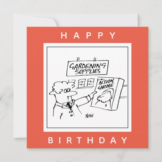 Action Gnome in de Garden Center Cartoon Kaart (Voorkant)