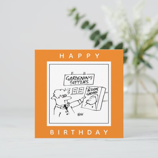 Action Gnome in de Garden Center Cartoon Kaart (Staand voorkant)