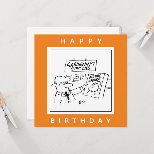 Action Gnome in de Garden Center Cartoon Kaart (Voorkant / Achterkant in situ)