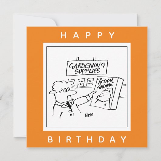 Action Gnome in de Garden Center Cartoon Kaart (Voorkant)