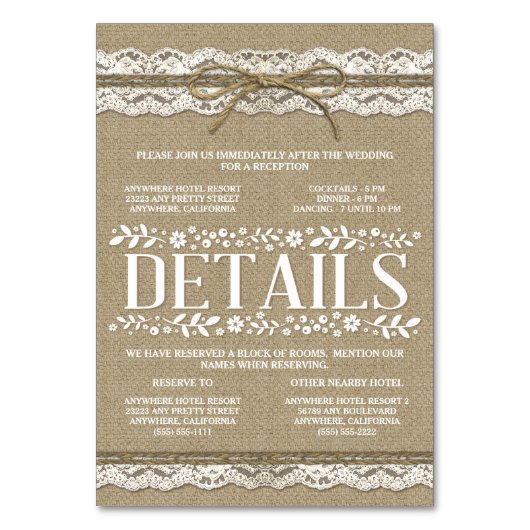 Activiteiten in de omgeving van Burlap Lace Weddin Kaart (Voorkant)