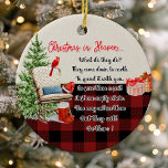 Activiteiten in de omgeving van Christmas in Heave Keramisch Ornament<br><div class="desc">Eer de nagedachtenis van een geliefde met dit "Christmas in Heaven" ornament. Met een gezellig ontwerp met een rustieke schommelstoel, een rode kardinaal en een buffel geplakte rand, is dit ornament een geruststellende herinnering aan degenen die niet langer bij ons zijn. Pas de achterkant aan met een gekoesterde foto om...</div>