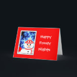 Activiteiten in de omgeving van FROSTY's NIGHT Sno Feestdagen Kaart<br><div class="desc">Leuke en leuke vakantie groeten! Grappig, leuk, lachend man tegen een ijzige winternachtelijke hemel. Schattigee sneeuwman wenskaart om vakantie wensen te sturen! Neem contact met mij op via rjjamiesoncustom@gmail.com voor hulp.</div>