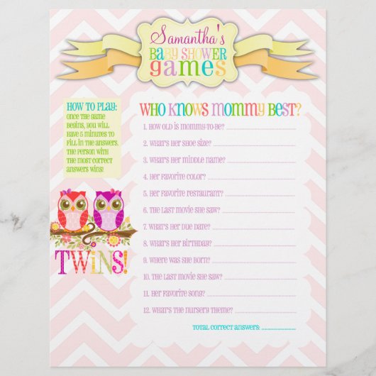 Activiteitenblad Owl Twin Girls "Baby shower Games (Voorkant)