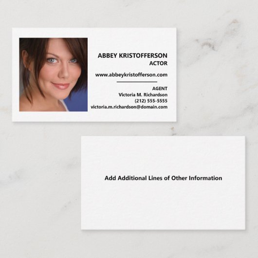 Actor Headshot Agent Informatie Horizontaal Visitekaartje (Voorkant / Achterkant)