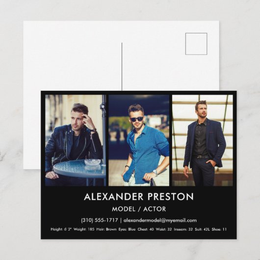 Actor Model Comp/Zed Card 3 Photo Black Briefkaart (Voorkant / Achterkant)
