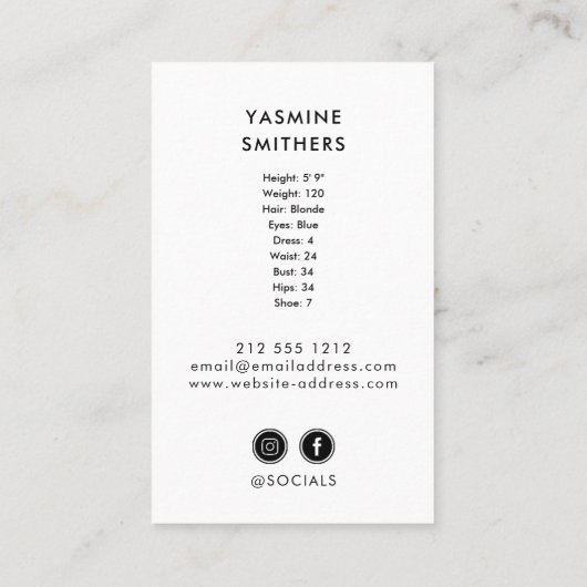 Actor Model Singer Dancer SOCIAL ICON Zwarte Foto Visitekaartje (Achterkant)