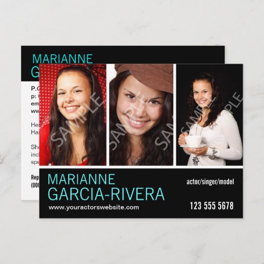 Actor Triple Headshot Stats Briefkaart (Voorkant / Achterkant)