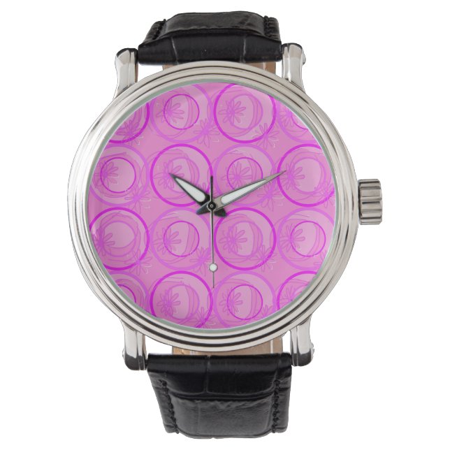Actuele cirkels Achtergrond bloemen Roze Dag Horloge (Voorkant)