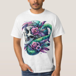 Acuarela de calavera flores y serpiente t-shirt