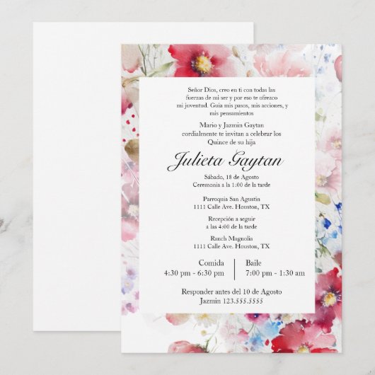 Acuarela quinceañera uitnodiging (Voorkant / Achterkant)