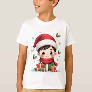 Acute jongen van Kerstmis met geschenken en kerstm T-shirt