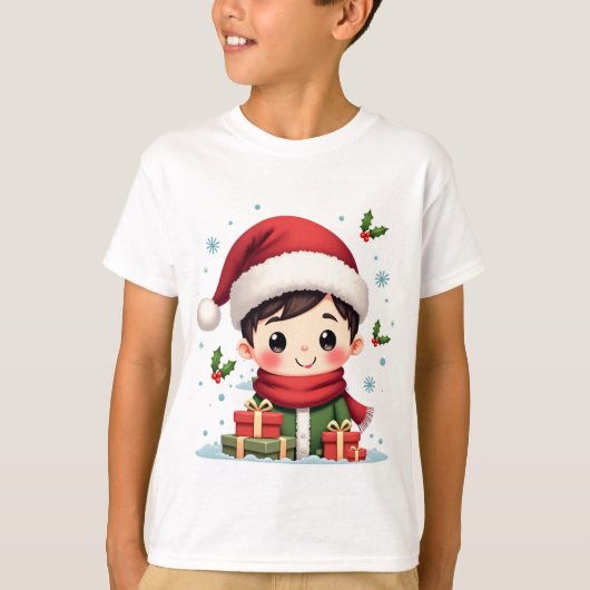 Acute jongen van Kerstmis met geschenken en kerstm T-shirt (Voorkant)
