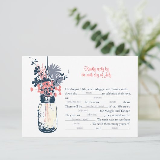 AD LIB RSVP-kaart Wilde bloemen & Mason Jar RSVP Kaartje (Staand voorkant)