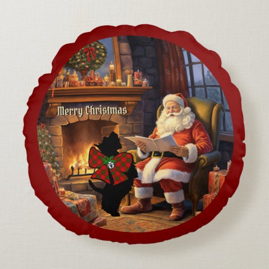 Adair Scottie Dog & Santa Gepersonaliseerde Kerstm Rond Kussen (Voorkant)