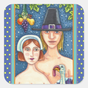 ADAM- EN EVE-PIJLEREN, BIBLIOTHEEKSE THANKSGIVING VIERKANTE STICKER