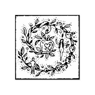 ADAM & EVA, APPEL IN TUIN VAN EDEN FOLKART KRANS RUBBERSTEMPEL