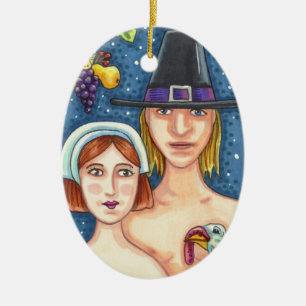 ADAM & EVE PILGRIMS THANKSGIVING BEWAREN KERAMISCH ORNAMENT