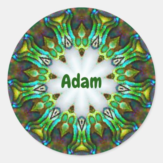 ADAM ~ Gepersonaliseerde Paua Shell fractal ~ Ronde Sticker (Voorkant)