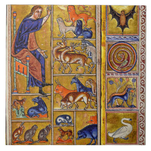 ADAM NAMING DIEREN, MEDIEVAL BESTIARY, DEERS, LION TEGELTJE