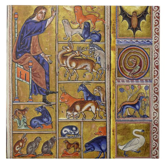 ADAM NAMING DIEREN, MEDIEVAL BESTIARY, DEERS, LION TEGELTJE (Voorkant)
