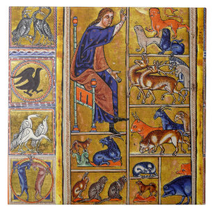 ADAM NAMING DIEREN, MEDIEVAL BESTIARY, DEERS, LION TEGELTJE