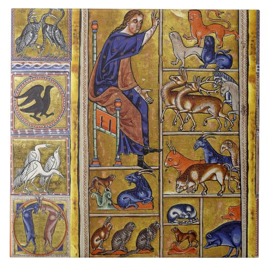 ADAM NAMING DIEREN, MEDIEVAL BESTIARY, DEERS, LION TEGELTJE (Voorkant)
