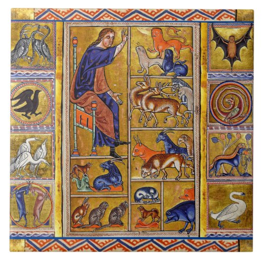 ADAM NAMING DIEREN, MEDIEVAL BESTIARY, DEERS, LION TEGELTJE (Voorkant)