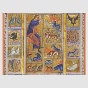 ADAM NAMING DIEREN, MEDIEVAL BESTIARY, DEERS, LION TISSUEPAPIER