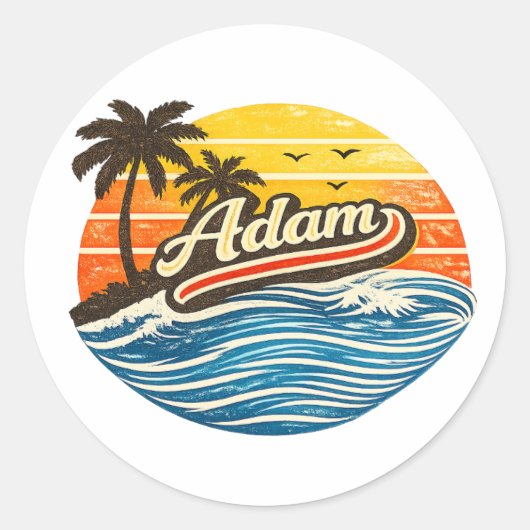 Adam Retro Zonsondergang Naamontwerp Ronde Sticker (Voorkant)