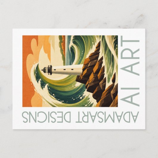 Adams Art Designs Lighthouse Wave Vintage Coastal Briefkaart (Voorkant)