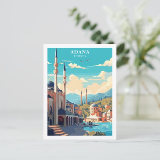 Adana, Turkije Reizen Retro Illustratie Briefkaart (Staand voorkant)