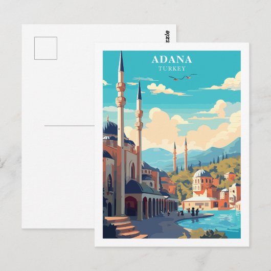 Adana, Turkije Reizen Retro Illustratie Briefkaart (Voorkant / Achterkant)