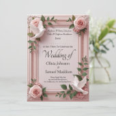 Add Guest Name Pink Roses & Doves Wedding Kaart (Staand voorkant)