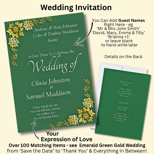 Add Guest Name Purple Emerald Green & Gold Wedding Kaart