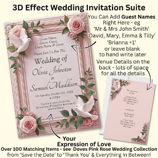 Add Guest Names, Doves and Pink Roses Invitation Kaart
