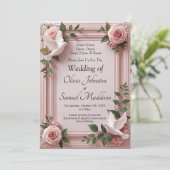 Add Guest Names, Doves and Pink Roses Invitation Kaart (Staand voorkant)