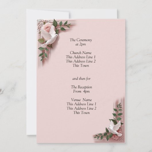 Add Guest Names, Doves and Pink Roses Invitation Kaart (Achterkant)