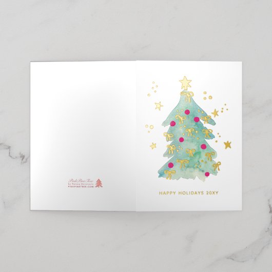 Add Logo Christmas Tree Ribbons Pink Business Folie Feestdagenkaart (Buiten Laag)