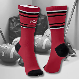 Add Name Black & Grey Stripes on Dark Red Socks Sokken