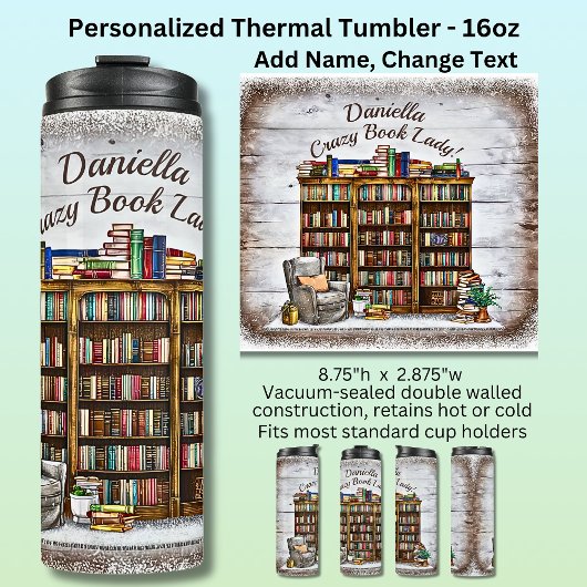 Add Name, Crazy Book Lady, Bookshelf Chair  Thermosbeker